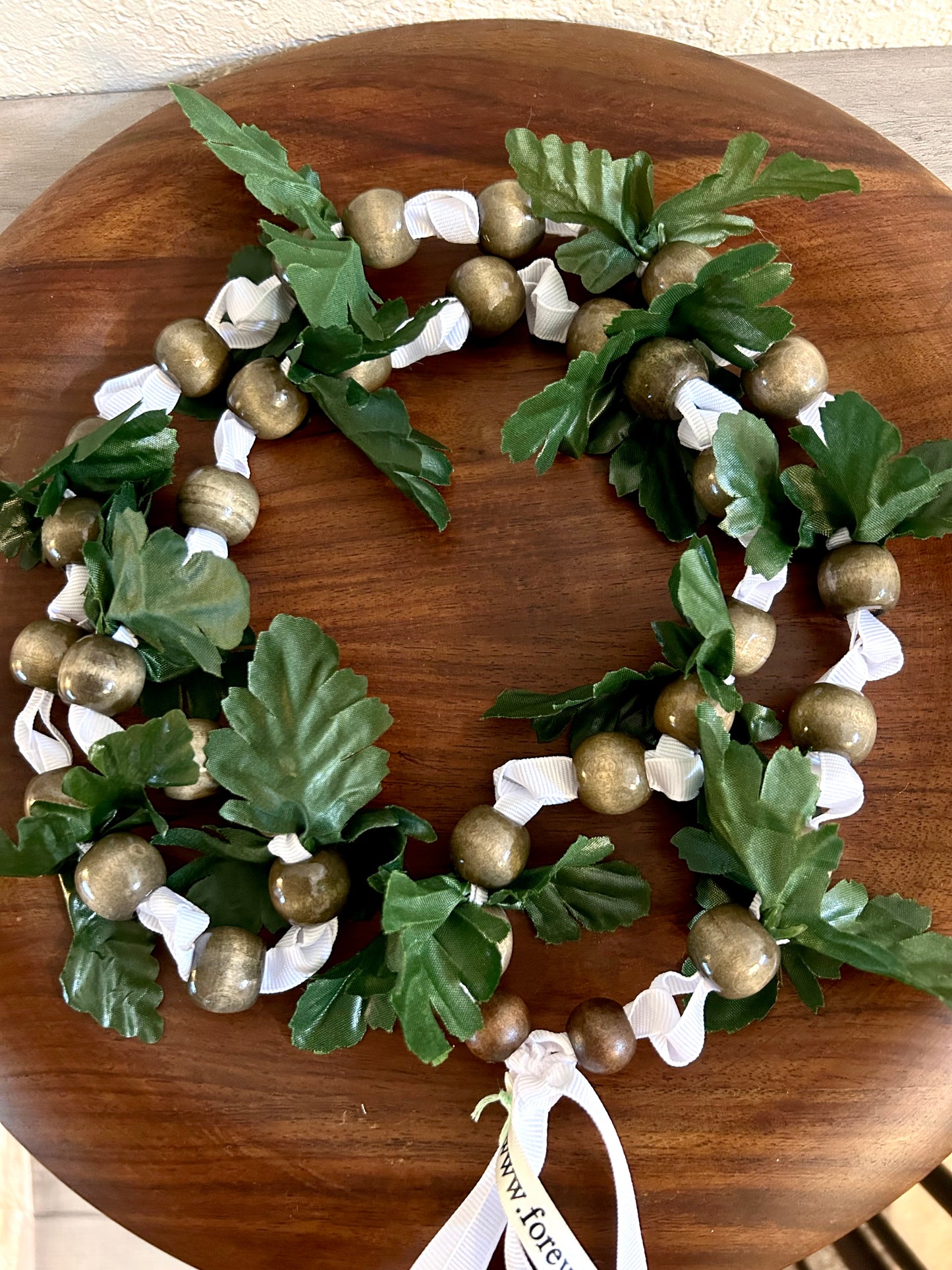 Green Leaf - White Ribbon Lei with Signature Look Bead Attachments