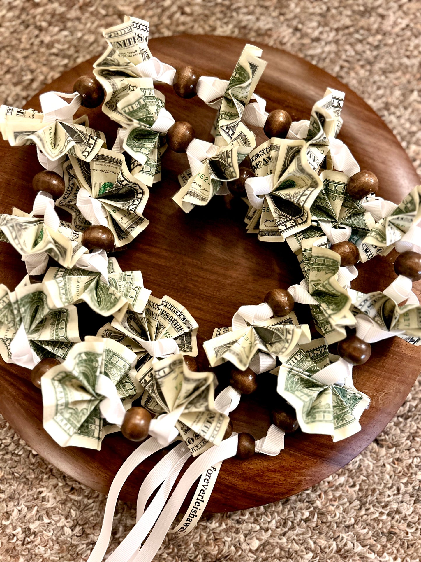 Money Ribbon Lei with Signature look Bead Attachments (Available for Oahu, HI only) [Available through Custom Order Only] Assorted Colors Available