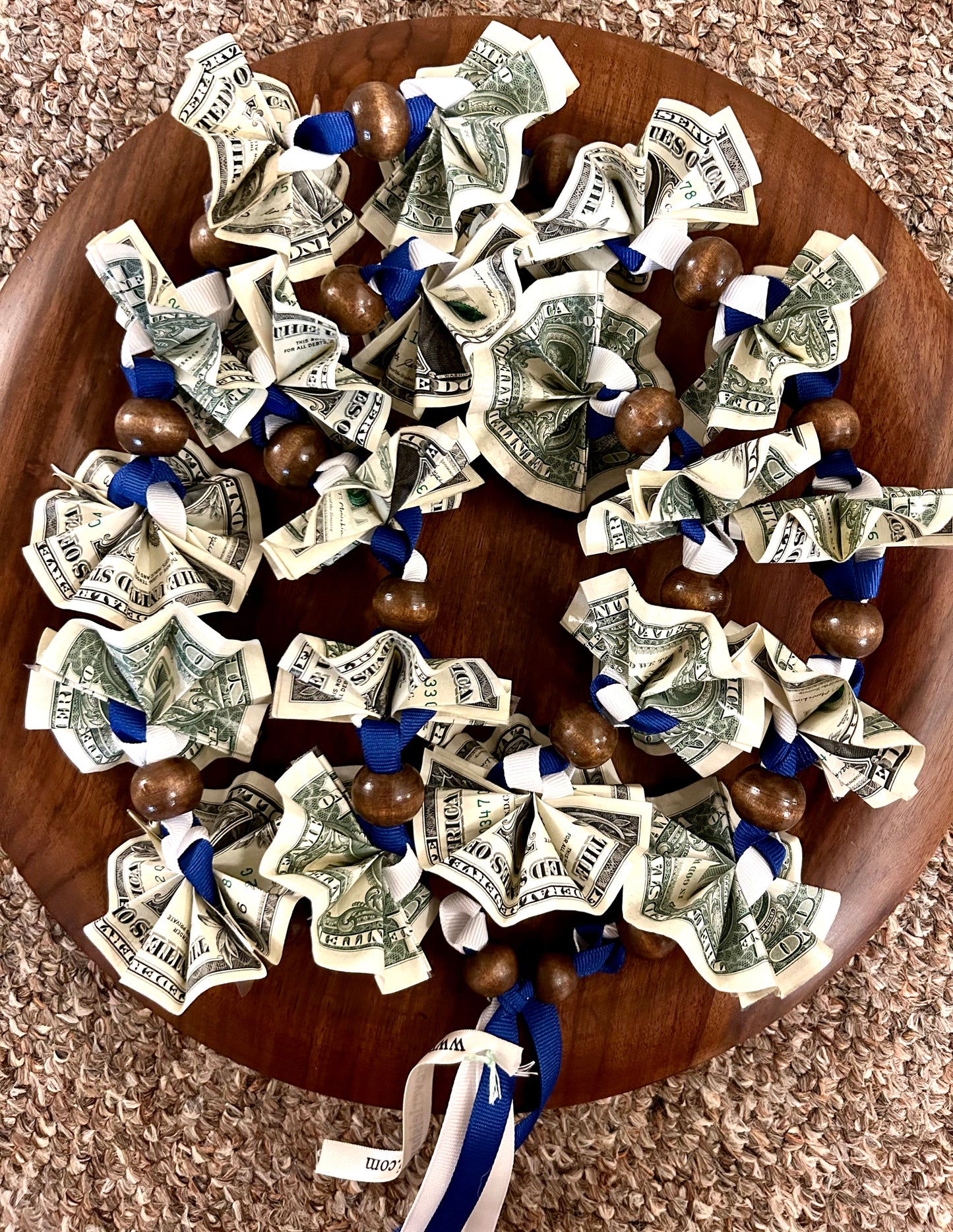 Money Ribbon Lei with Signature look Bead Attachments (Available for Oahu, HI only) [Available through Custom Order Only] Assorted Colors Available