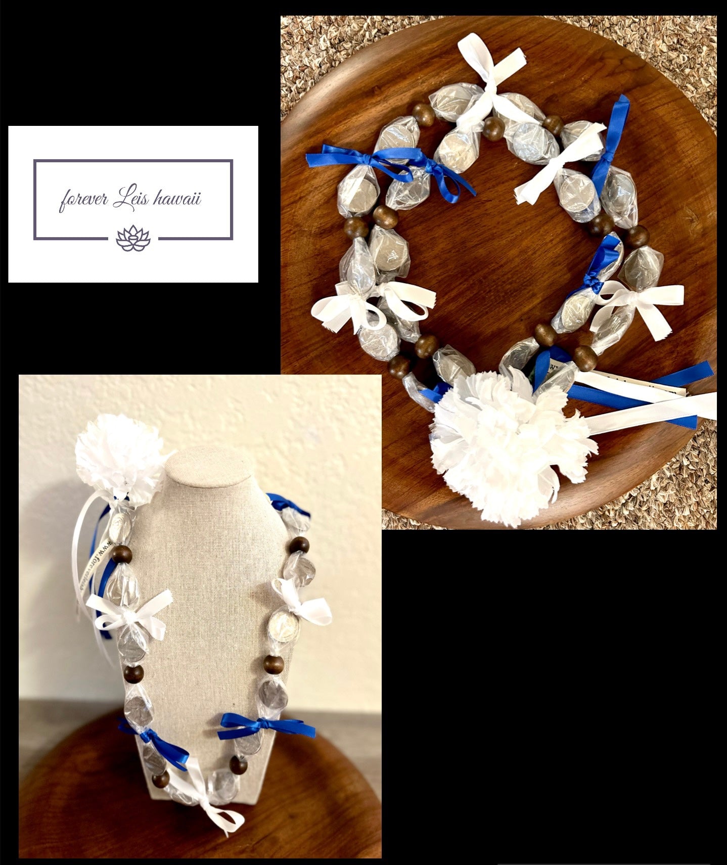 Coin Quarter Ribbon Bows Lei with Signature Look Bead Attachments & Mum Flower