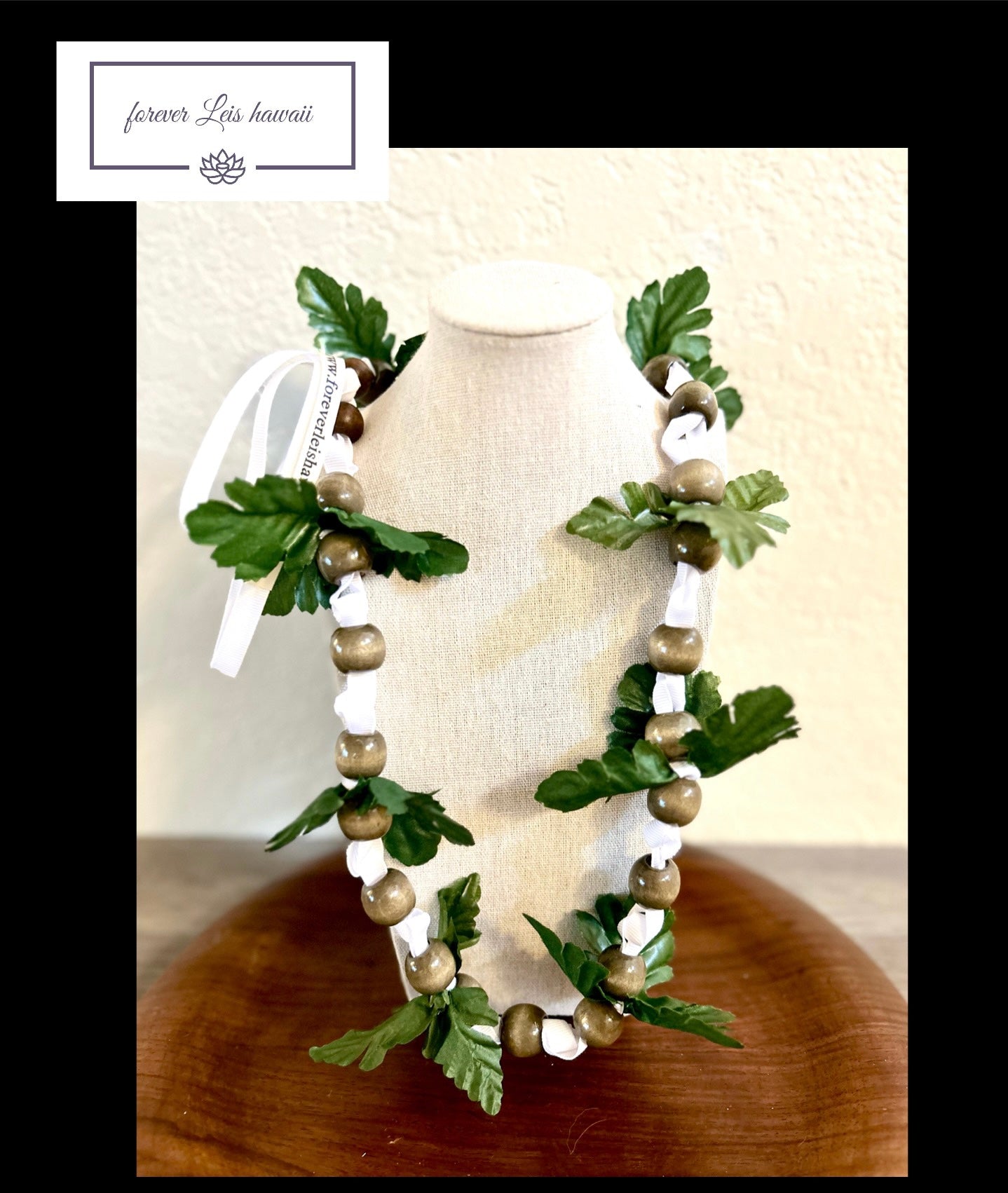 Green Leaf - White Ribbon Lei with Signature Look Bead Attachments