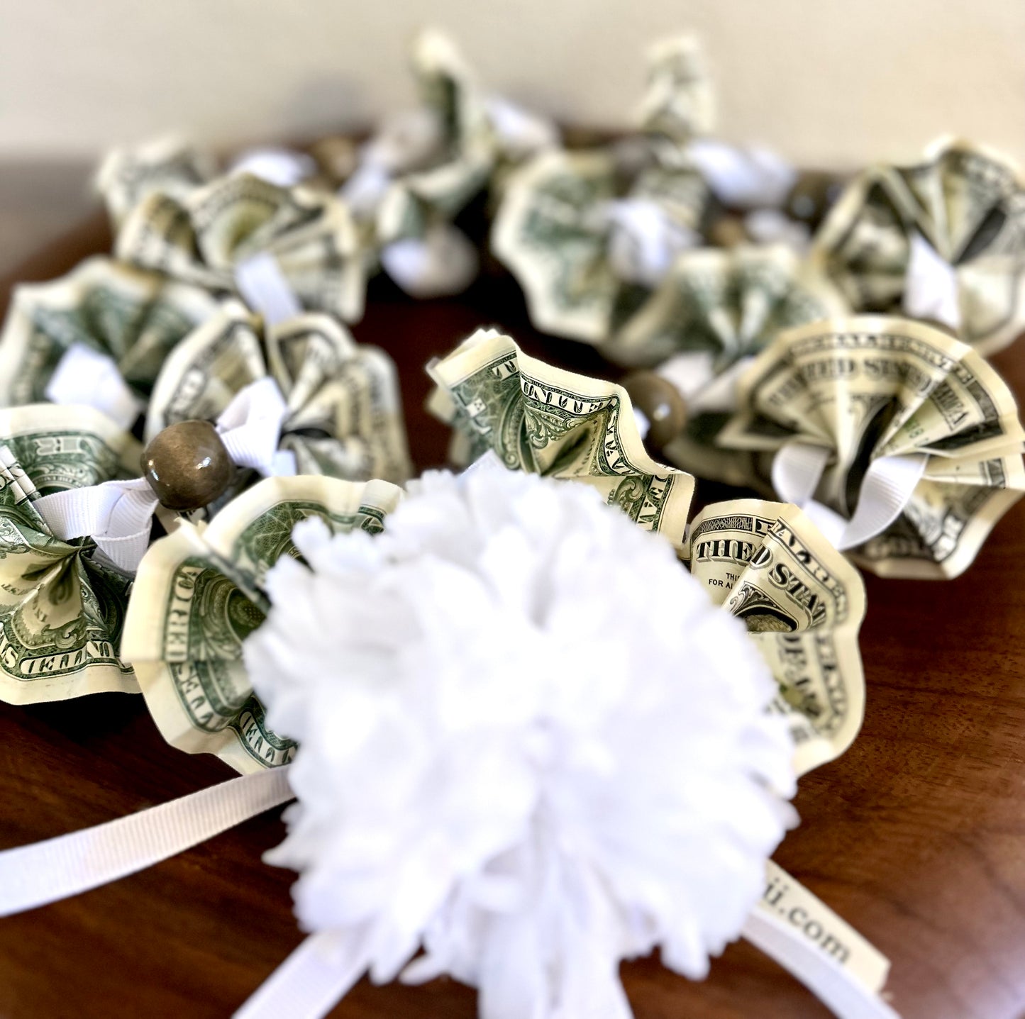 Money Ribbon Lei with Signature look Bead Attachments (Available for Oahu, HI only) [Available through Custom Order Only] Assorted Colors Available