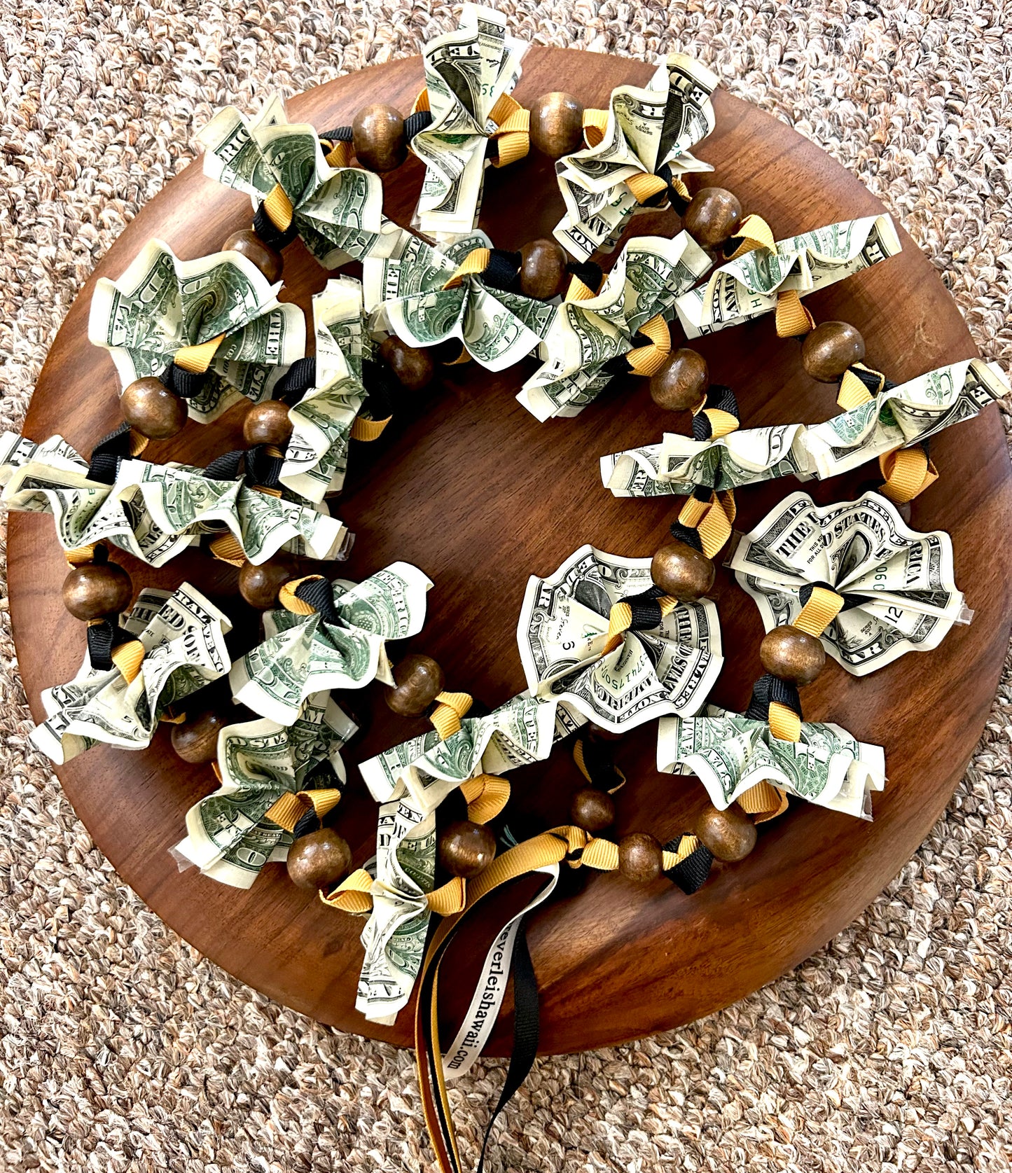 Money Ribbon Lei with Signature look Bead Attachments (Available for Oahu, HI only) [Available through Custom Order Only] Assorted Colors Available