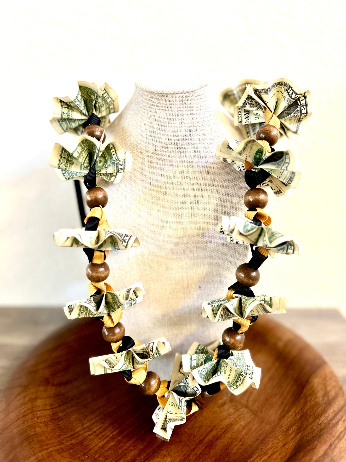 Money Ribbon Lei with Signature look Bead Attachments (Available for Oahu, HI only) [Available through Custom Order Only] Assorted Colors Available