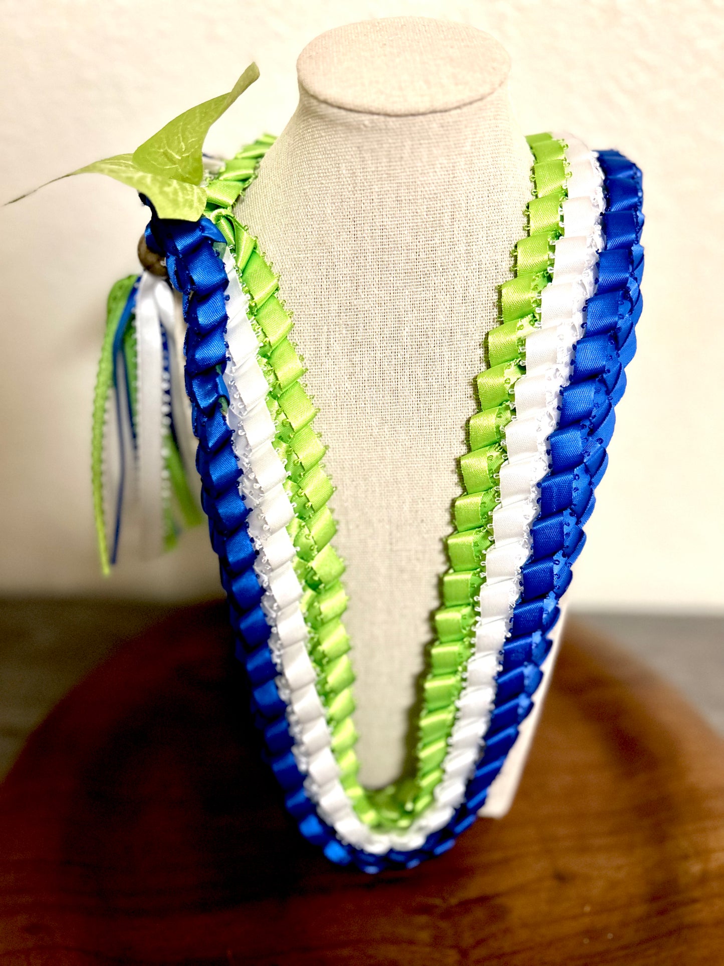 Two Leaf Triple Strand Ribbon Lei with Signature look Bead Attachment