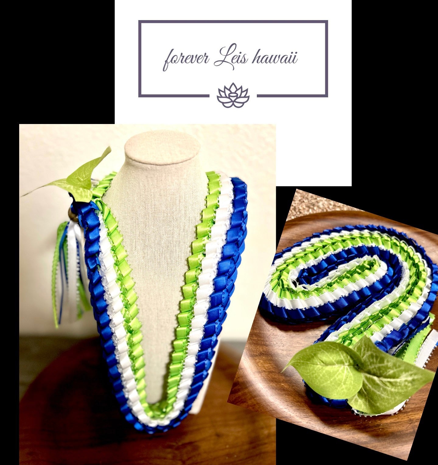 Two Leaf Triple Strand Ribbon Lei with Signature look Bead Attachment