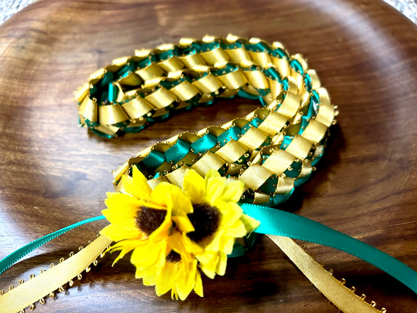 Sunflower (3 Mini) Single Strand Ribbon Lei with Signature Look Bead Attachment (Assorted Colors Available)