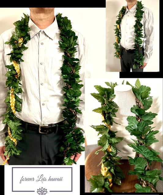 Maile Lei with Signature look Bead Attachments with Choice of 1 or 2 Color Tone Single Strand leis intertwined [Available through Custom Order Only]